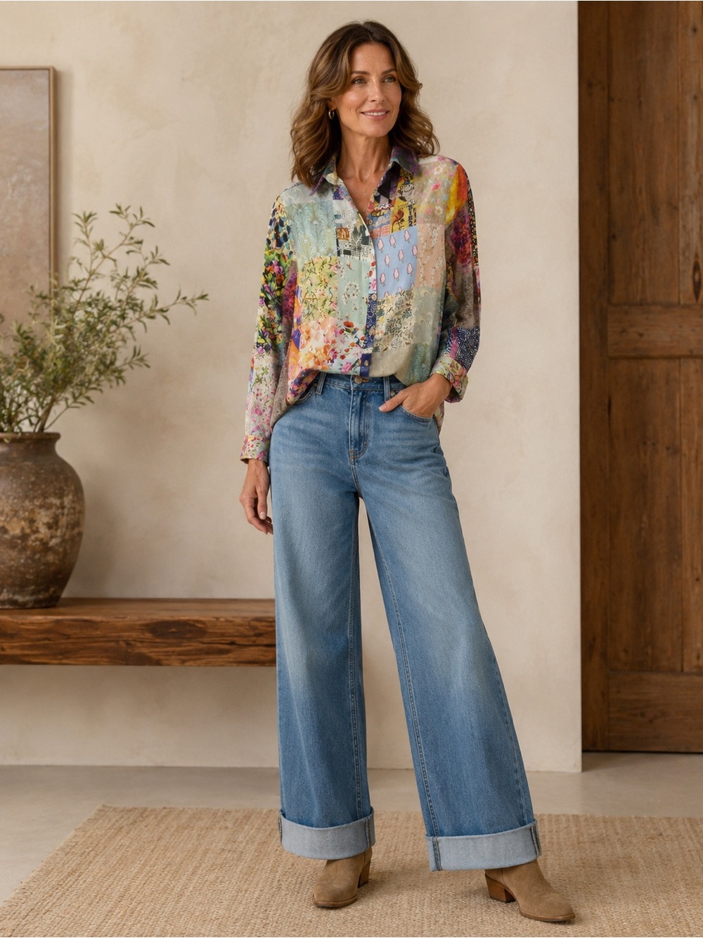 Charlie B Patchwork Multi-Print Button Down Blouse Top M/M